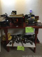 Overview of top shelf power tools and bottom shelf vintage tools