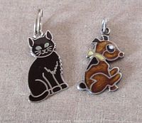 Front view of both charms showing the cat in black enamel sitting and the brown dog with yellow collar.