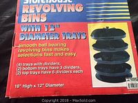 Box for revolving bins with product details including tray dividers and dimensions.