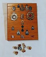 View of multiple lapel pins and badges arranged on a wood plaque, showing detailed insignia and flags.