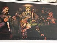 Close-up image showing horror characters Michael Myers holding a large knife, Jason Voorhees with a machete and hockey mask, and Chucky holding cards around a poker table.