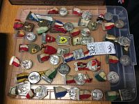 Overview of approximately 30 medals with ribbons laid out in a plastic container, showing variety of designs and colors.