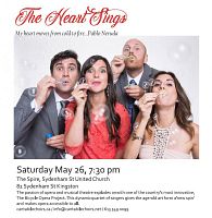 Photo of promotional poster for The Heart Sings concert showing four performers blowing bubbles, with details of date, time, location and description of the event.