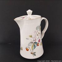 Front and side view of white porcelain chocolate pot decorated with botanical design of leaves and berries, showing handle and spout with lid on top.