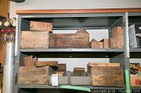 Top shelf showing Delish Cheese crate, J.S. Fry & Sons Cocoa crate and two peaked crates