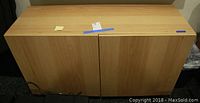 Front view of a light wood veneer cabinet showing two doors and flat top surface.