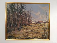 Full view of the matted and framed oil on board landscape painting showing wooded area, open field, small barn and sky.