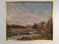 Full view of framed and matted oil painting of marsh landscape