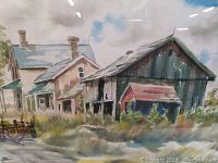 Close-up of watercolor painting showing the barn, house, grassy area, and sky.