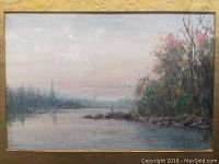 Close-up of the painting showcasing the misty river scene with trees and bushes, capturing the colors and style.