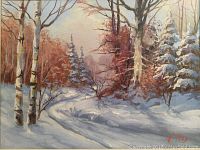 Overall view of the oil painting showing a snowy winter scene with a winding path and several trees, including birch and conifers.