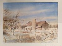 Close-up of the watercolour painting showing rural barn covered with snow and signature of artist.