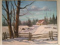 Full view of framed oil painting showing winter landscape