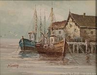 Close view of painting showing two fishing boats and dock building with artist signature lower left
