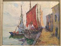 Original oil painting with boats and dock scene, signed M. Harkin at bottom right, in a vintage cream frame.