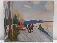 Front view of oil painting folk art on board depicting two horses pulling a sled with logs in a winter landscape.