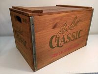 Right front angle view of the wooden crate showing John Labatt Classic branding and Special Extra Aged text.