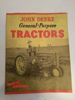 Front cover of the John Deere General-Purpose Tractors Catalogue showing a man operating a tractor in a field, with model names and the John Deere brand prominently displayed.