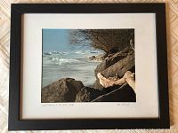 Framed photograph showing rocks, driftwood, and icy lake scene titled 'Lake Ontario & The 29th, 2018' by Iris Russak, signed and dated.