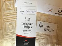 Gift certificate and business card for Dynamic Designs training salon at St. Lawrence College, showing the service for 3 SRS Treatments valued at $210.
