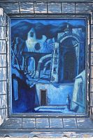 Full view of blue and white surreal painting with distressed painted wood frame