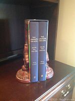 View of two hardcover books with gold titles on navy blue spine, standing inside a colorful decorative box, supported by fleur-de-lys style bookends.