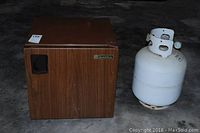 GoldStar mini refrigerator and white propane tank shown from front angle on concrete floor.