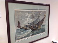 Front angled view of the framed Harpers Weekly wall art showing sailboats on water with cloudy sky, dark wooden frame and green/cream mats.