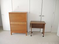 Photo of whole filing cabinet and folding typing table side by side against white wall