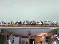 Photo showing all eight collectible plates displayed on a high shelf, highlighting their painted detailed imagery and variety in themes.