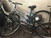 Two adult bicycles side by side: Gray Giant Boulder and black Schwinn Frontier, showing overall condition and included replacement seat.