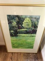 Framed watercolor painting depicting a green scenic landscape with sunlight on trees