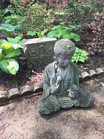 Concrete Buddha statue seated outdoors among horticultrual plants, showing textured hair and cracked surfaces.
