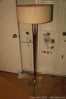 Full view of vintage floor lamp standing by door with cat doorstop at base