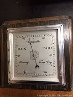 Front view of barometer showing wooden frame, metallic silver bezel and weather dial with categories Rain, Fair, Stormy, Very Dry and pressure readings.