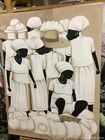 Full view of the original painting showing a group of women dressed in white and wearing headwraps and hats with baskets at their feet.
