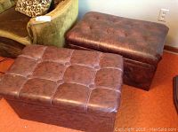 Two brown vinyl tufted storage benches side by side, showing overall condition and size difference.