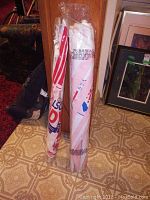 Two packaged outdoor umbrellas leaning against wood panel wall and floor