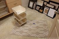 Area rug and canvas wire bin with three compartments in a room with picture frames against the wall.