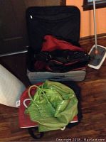 Photo of black and red fabric luggage pieces with a green textured handbag on top.