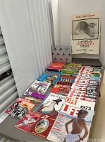 Wide view of vintage magazines laid out including LIFE, TIME, National Lampoon, and The New Yorker, with several books and games at the edge.