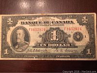 Front of the 1935 Canadian $1 banknote featuring King George V portrait and French text, with serial number F1652824 in red.