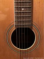 Close-up of the sound hole and fretboard showing wood finish and strings.