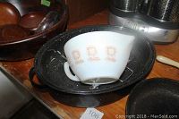 Large black speckled roasting pan beneath milk glass bowl with orange floral pattern, and cast iron frying pan underneath bowl