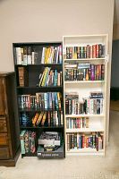 Front view of both bookcases side-by-side fully filled with books and some items