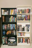 Two bookshelves filled with multiple rows of books by various authors, including Wilbur Smith, Clive Cussler, Dan Brown. Soft and hard covered books visible. Lower shelf contains games not included.