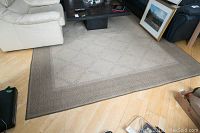 Photo of beige and taupe area rug with geometric diamond pattern and solid border laid on wooden floor, showing wear.