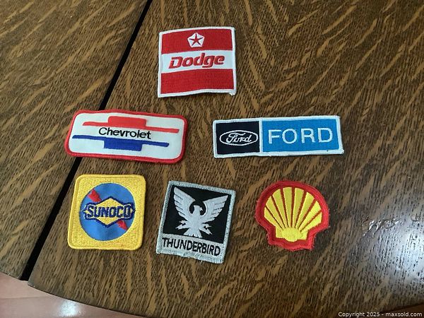 6 vintage automotive and fuel brand jacket patches | Maxsold