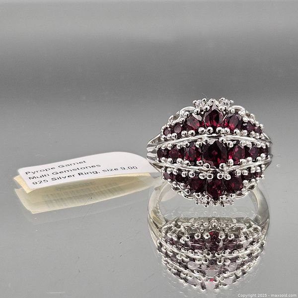 Sterling silver 925 pyrope garnet cluster ring, size 9 | Maxsold