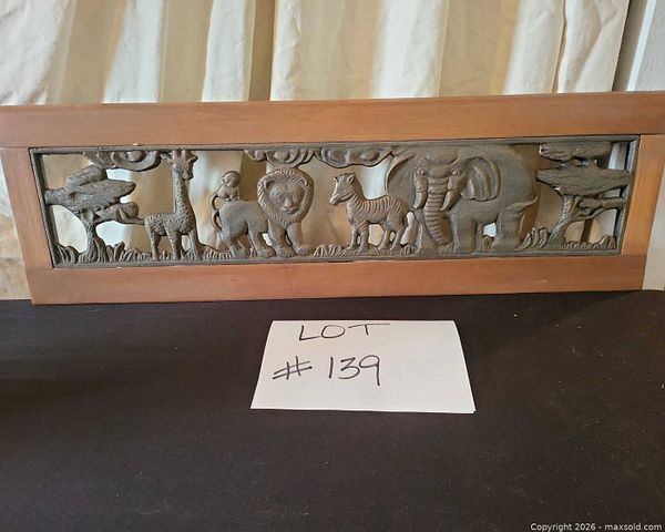Safari Cast Iron Wall Relief in Stained Wood Frame | Maxsold